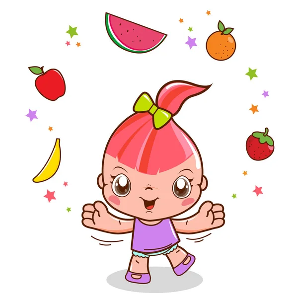 Linda niña y fruta — Vector de stock
