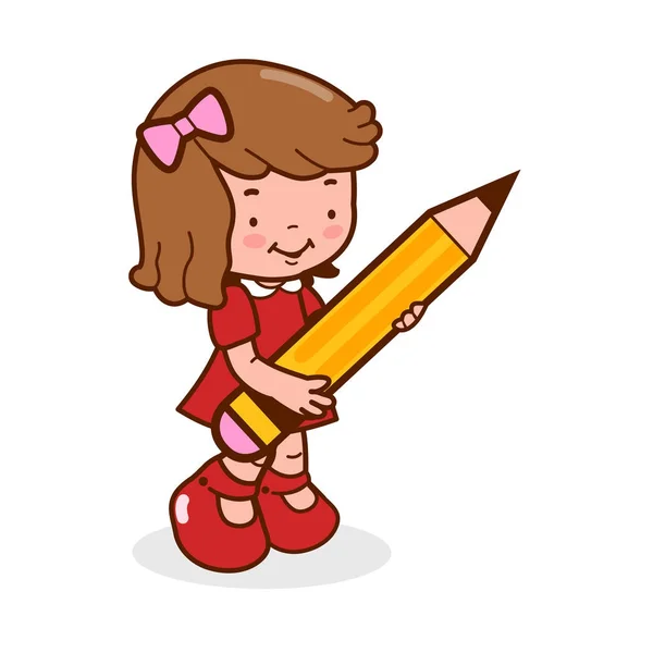 Kis lány diák egy nagy ceruza gazdaság — Stock Vector