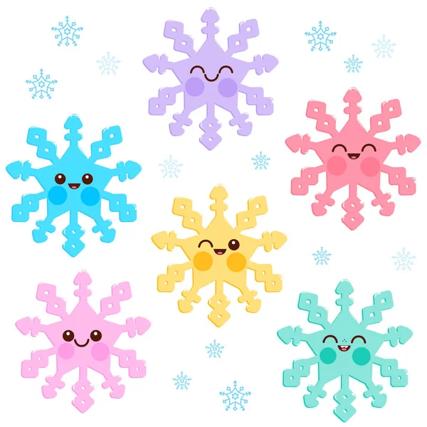 Carino colorato fiocco di neve personaggi — Vettoriale Stock