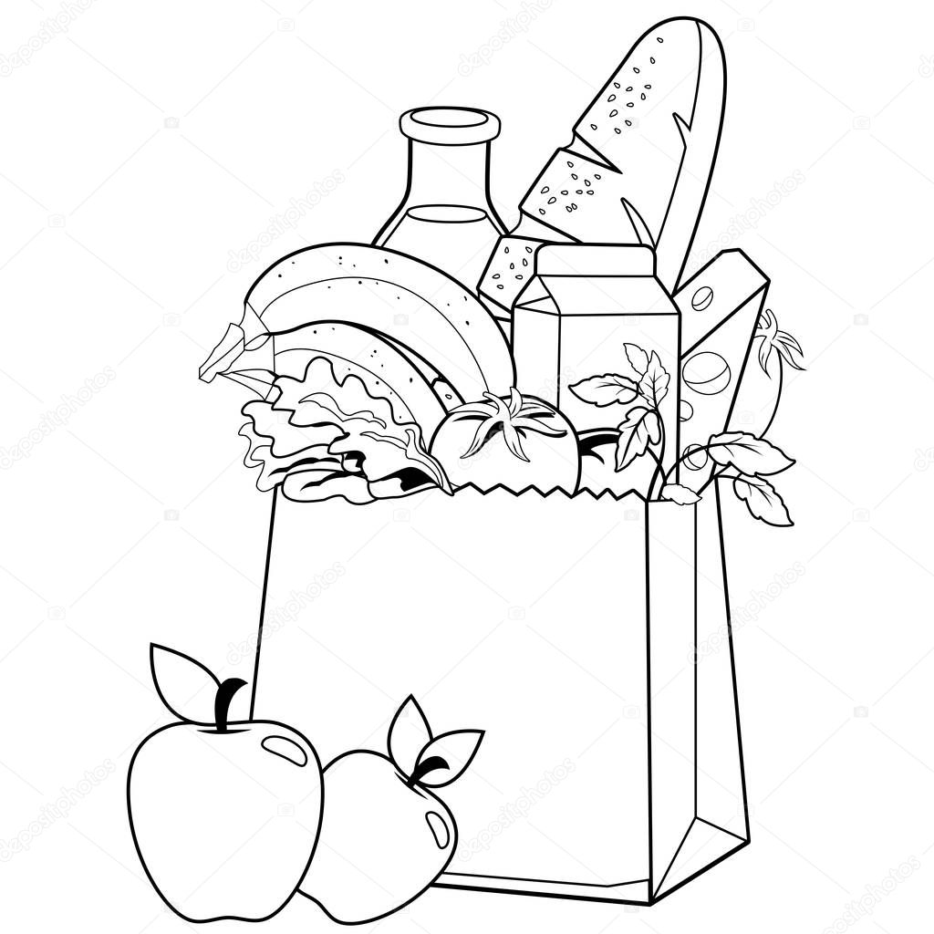 Bag with groceries. Coloring book page