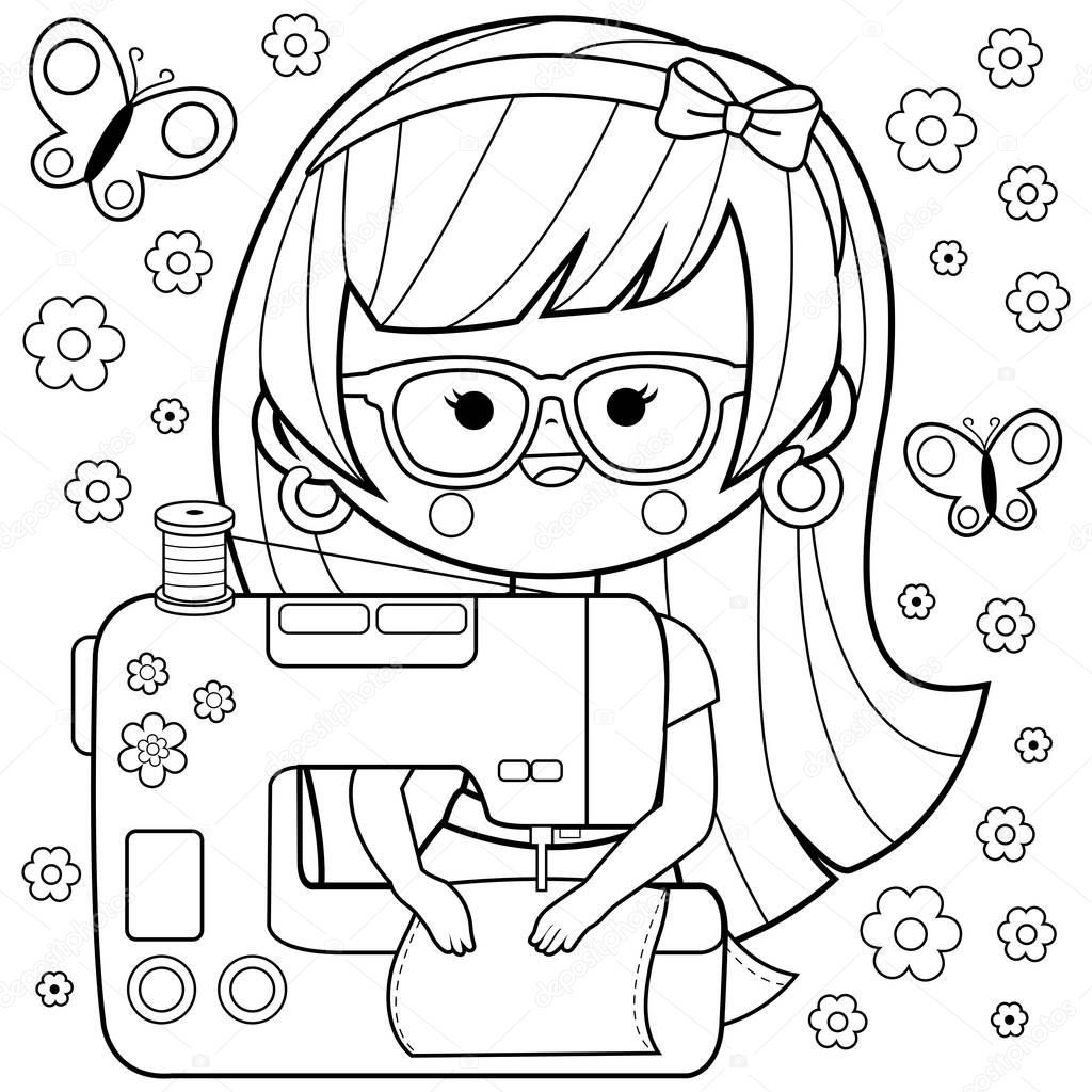 Woman seamstress using her sewing machine. Coloring book page