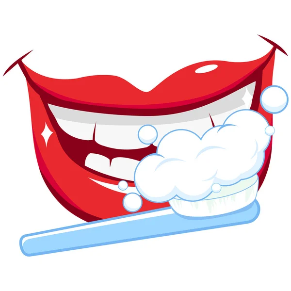 Χαμογελαστό στόμα, βούρτσισμα με μια οδοντόβουρτσα. — Διανυσματικό Αρχείο