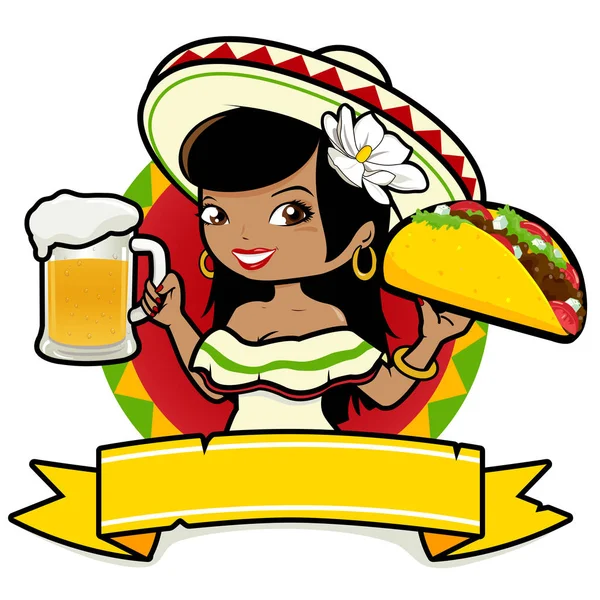 Mulher mexicana segurando uma cerveja gelada e um taco —  Vetores de Stock