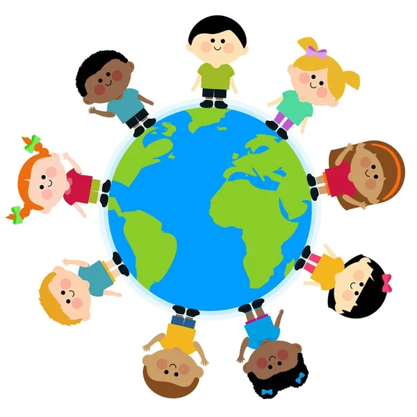 Multi ethnic group of kids standing around the earth — Stock Vector