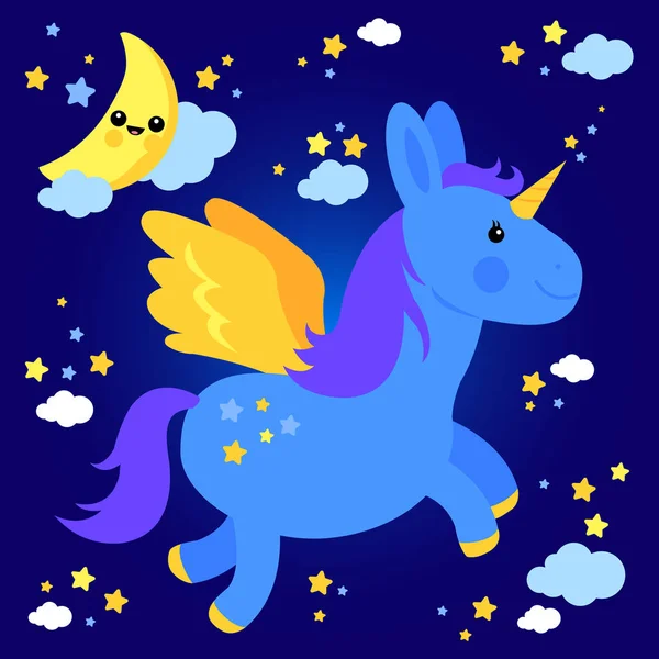 Cute unicorn flying in the night sky — Stock Vector