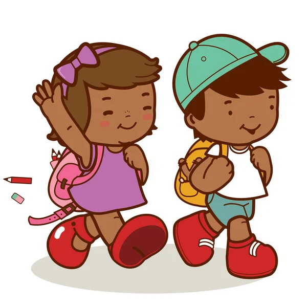 Bambini afroamericani a piedi a scuola — Vettoriale Stock