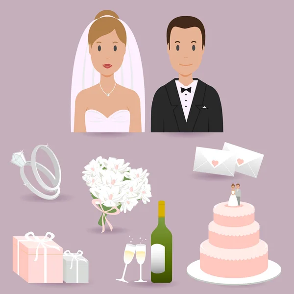 Sposa, sposo ed elementi di nozze — Vettoriale Stock
