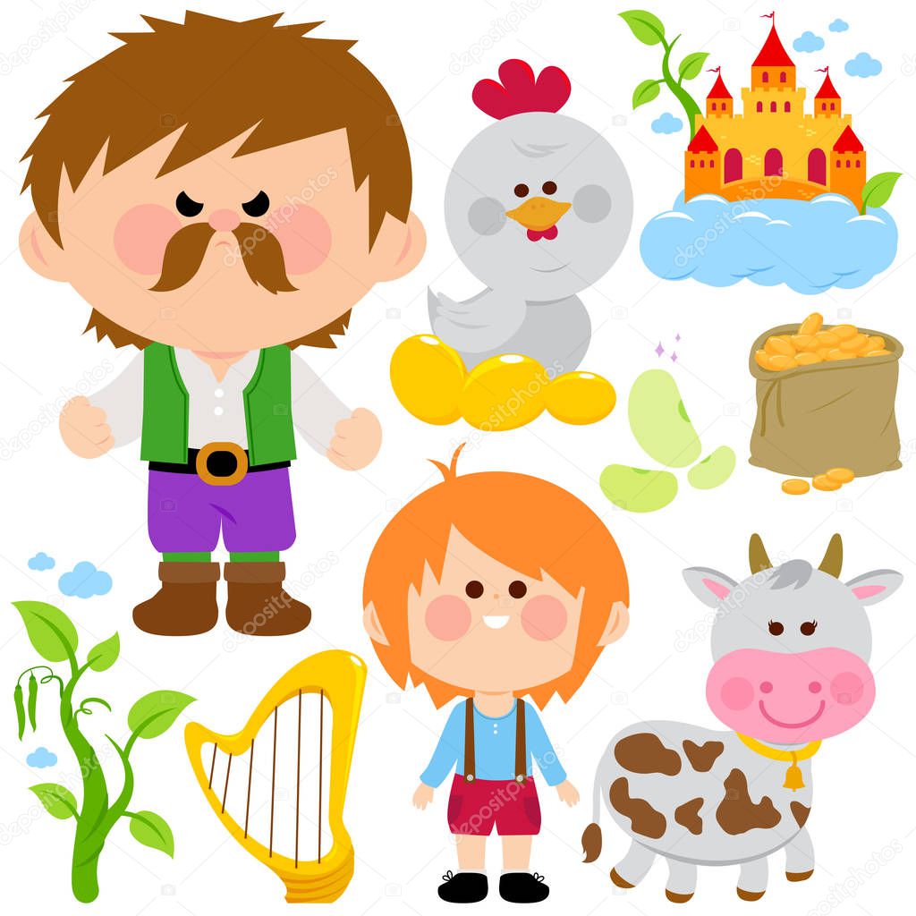 Jack and the magic beanstalk, the golden harp and the magic chicken laying golden eggs, the giant, a cow and the magic castle vector set.