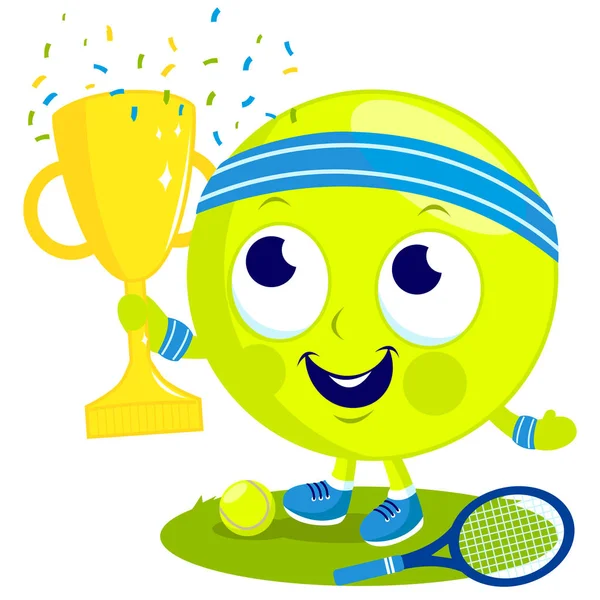 Tennis ball karakter kampioen juichende en houden een trofee. — Stockvector