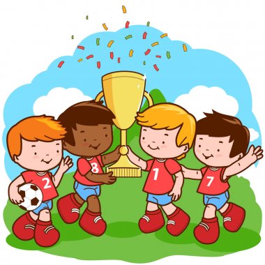 Futbol oyuncu çocuklar futbol sahasının kutluyor.