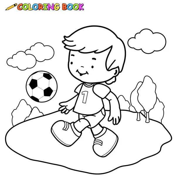 Niño jugando al fútbol. Libro para colorear página — Archivo Imágenes Vectoriales