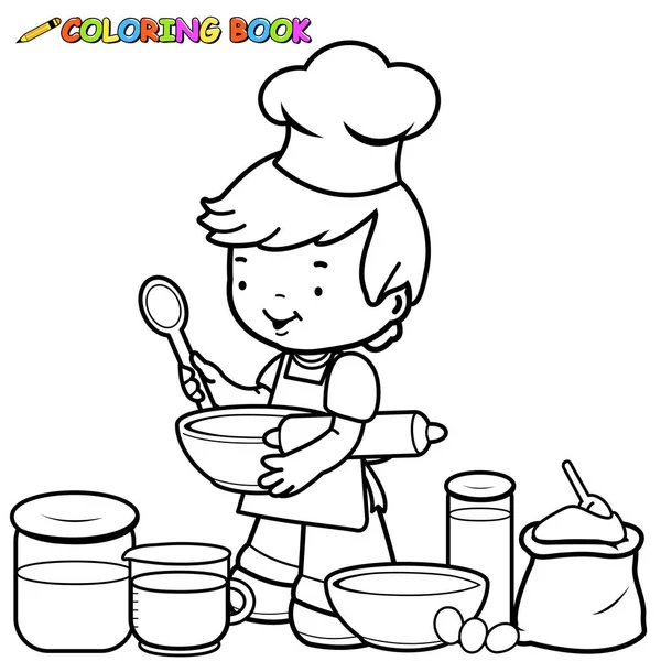 Ragazzino che si prepara a cucinare. Libro da colorare pagina — Vettoriale Stock