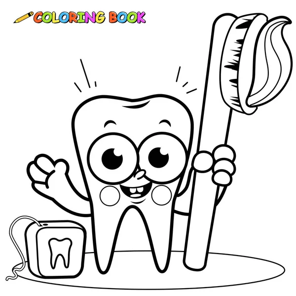 Personaje de dibujos animados sosteniendo cepillo de dientes y hilo dental — Archivo Imágenes Vectoriales