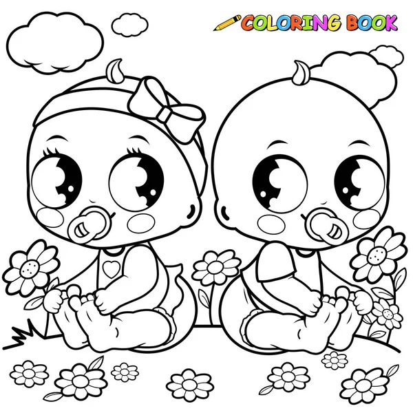 Bebés jugando afuera. Libro para colorear página — Vector de stock