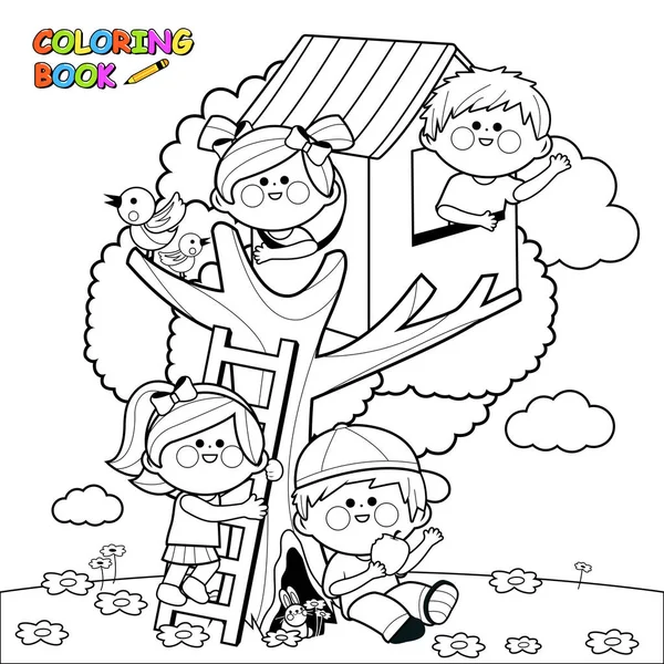 木の家で遊んでいる子供たち。黒と白の本ページを着色 — ストックベクタ