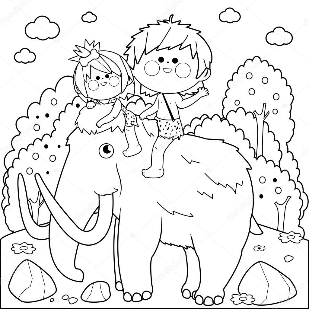 Prehistoric landscape with children riding a mammoth. Black and white coloring book page