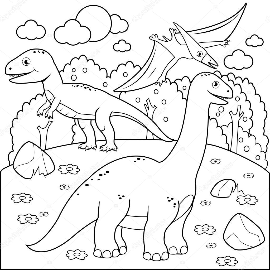 Prehistoric landscape with dinosaurs. Black and white coloring book page