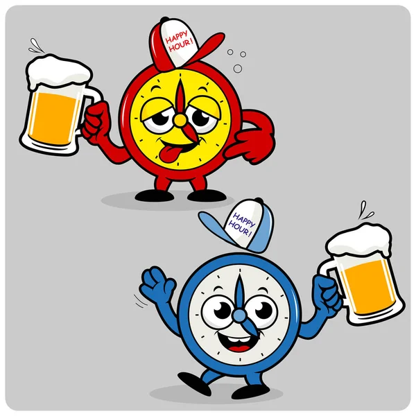 Drunk cartoon alarm clocks serving beer — Stock Vector