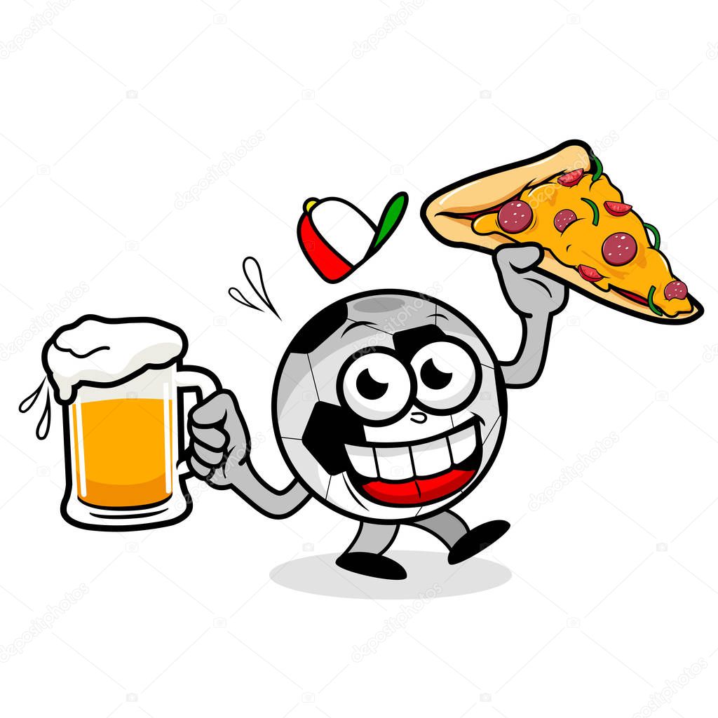 Cartoon soccer ball serving beer and pizza
