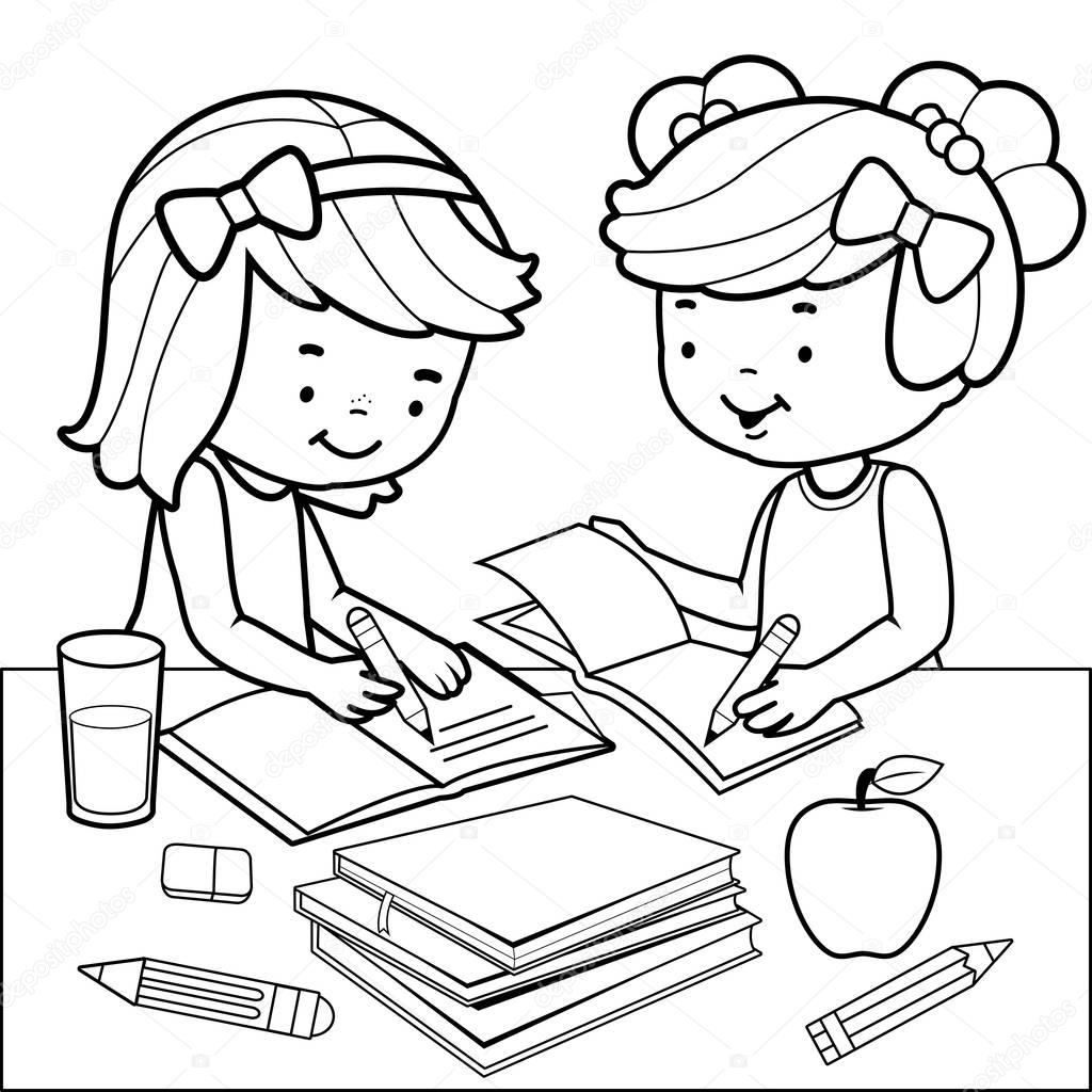 Students doing homework. Black and white coloring book page.