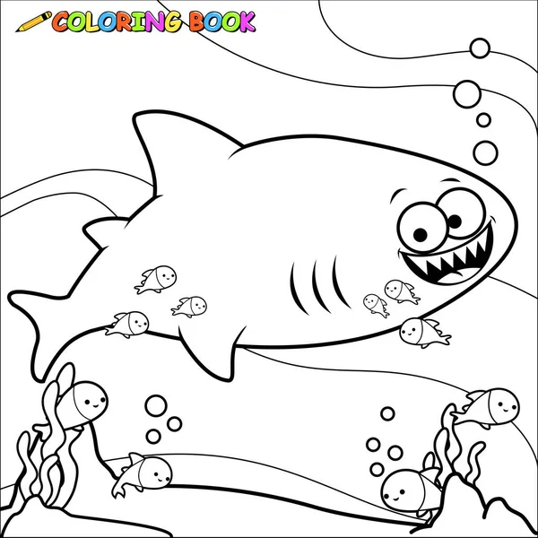 Hai schwimmt unter Wasser. Malbuchseite — Stockvektor