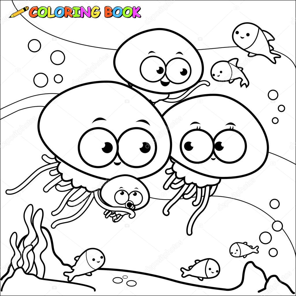 Jellyfish swimming underwater. Coloring book page.