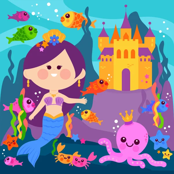 Hermosa sirena bajo el agua, castillo y animales marinos — Vector de stock