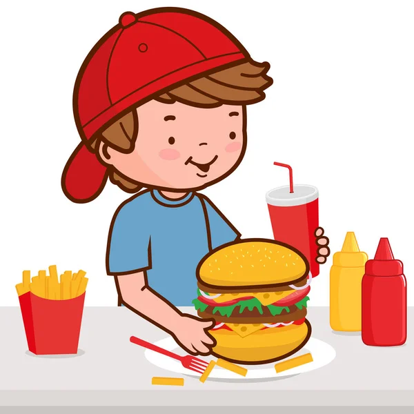 Niño comiendo hamburguesa — Vector de stock