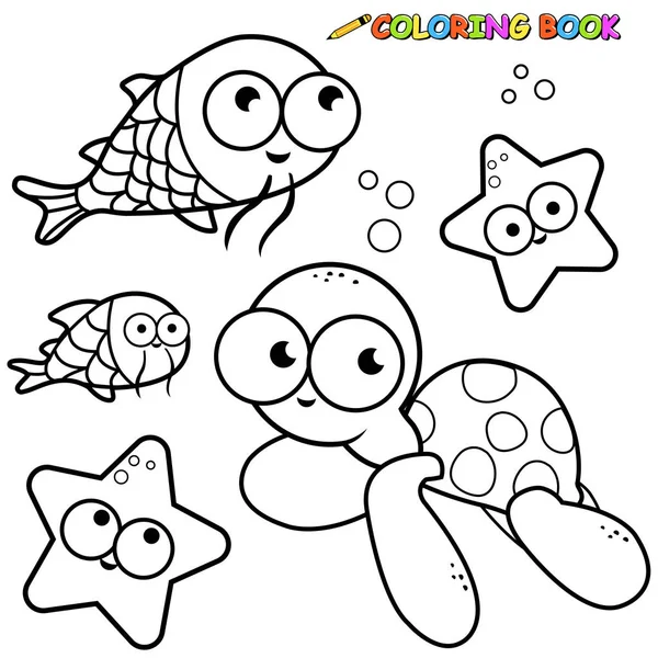 Sea animals collection. Coloring book page — Stock Vector