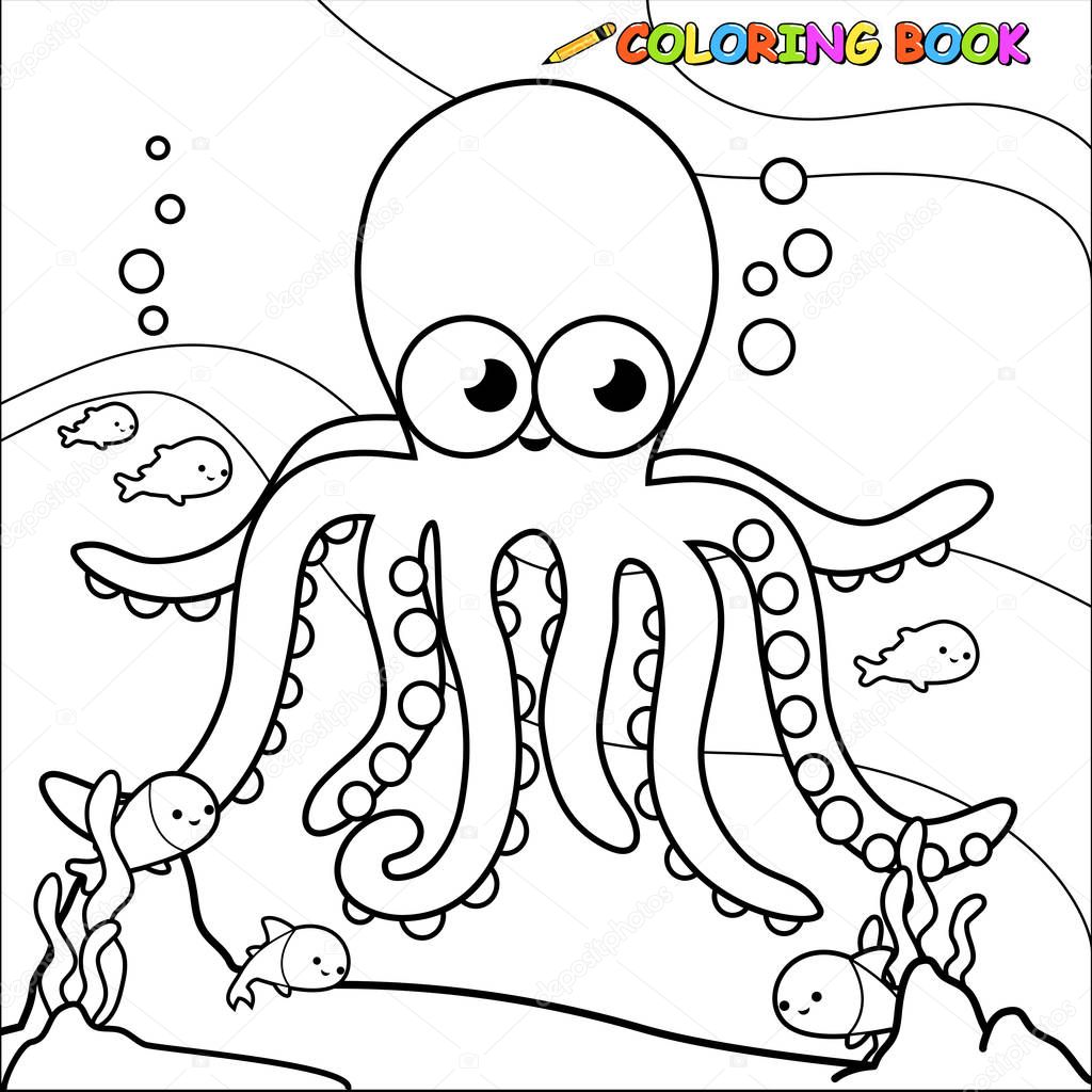 Octopus swimming underwater. Coloring book page