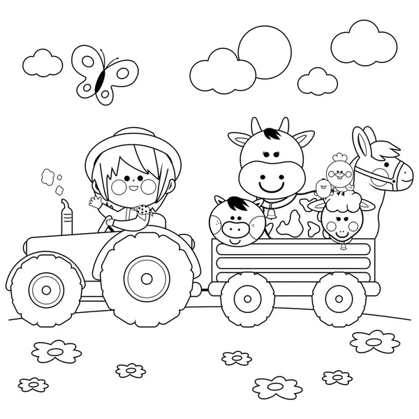 Bauernjunge fährt Traktor und transportiert Nutztiere. Schwarz-weißes Malbuch — Stockvektor