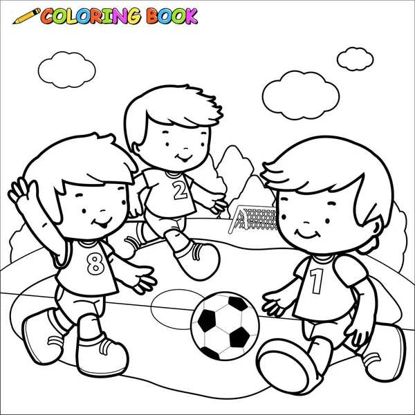 Çocuklar futbol oynuyor. Boyama kitabı sayfası
