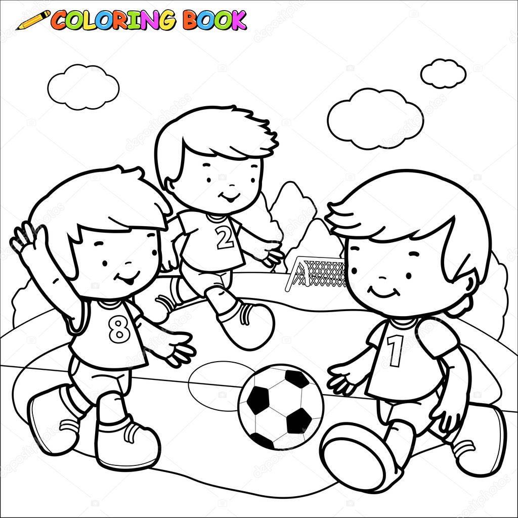 Children playing soccer. Coloring book page