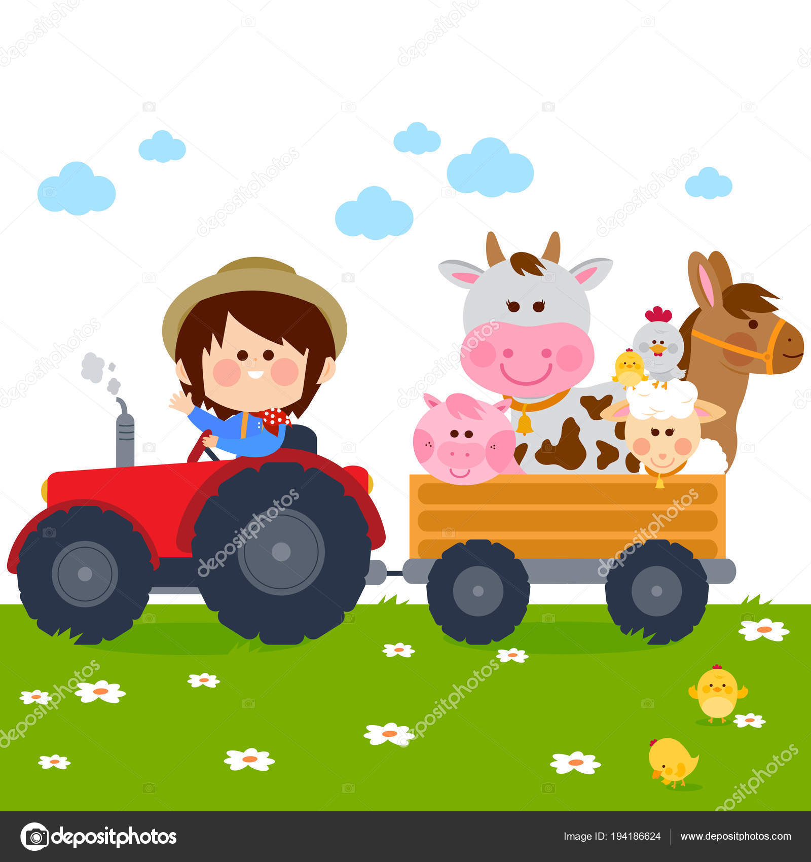 Farmer boy driving a tractor and carrying farm animals Stock Vector Image  by ©stockakia #194186624