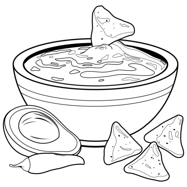 Cuenco de guacamole de aguacate y nachos fritos. Vector blanco y negro para colorear página — Archivo Imágenes Vectoriales
