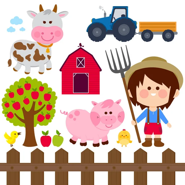 Çiftçi çocuk ve hayvanlar. Vektör illüstrasyon koleksiyonu