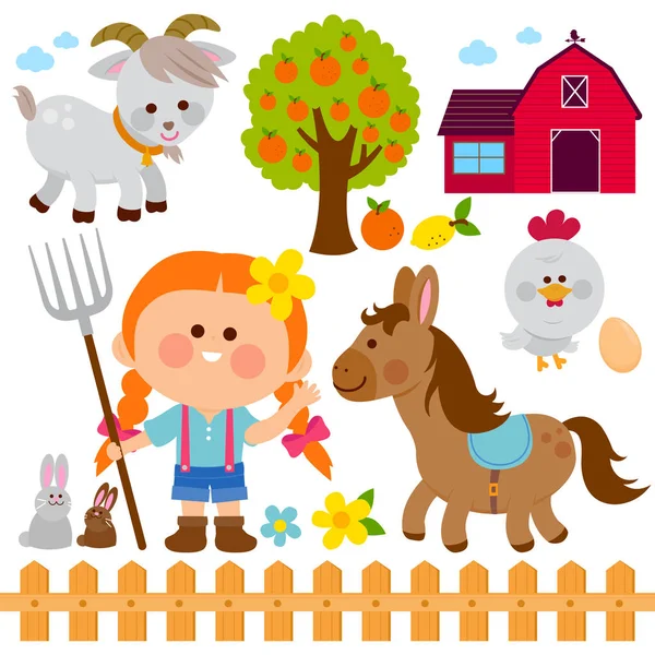 Chica granjera y animales. Colección de ilustración vectorial — Vector de stock
