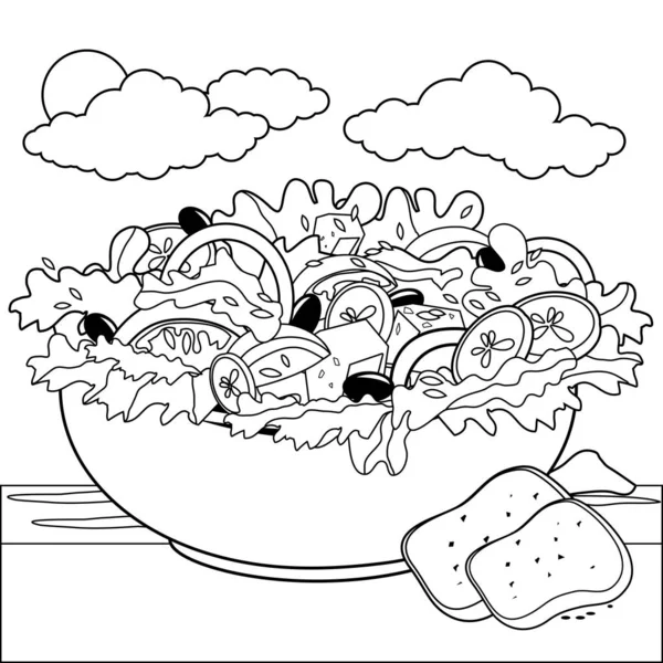 Ensalada griega. Vector blanco y negro para colorear página . — Archivo Imágenes Vectoriales