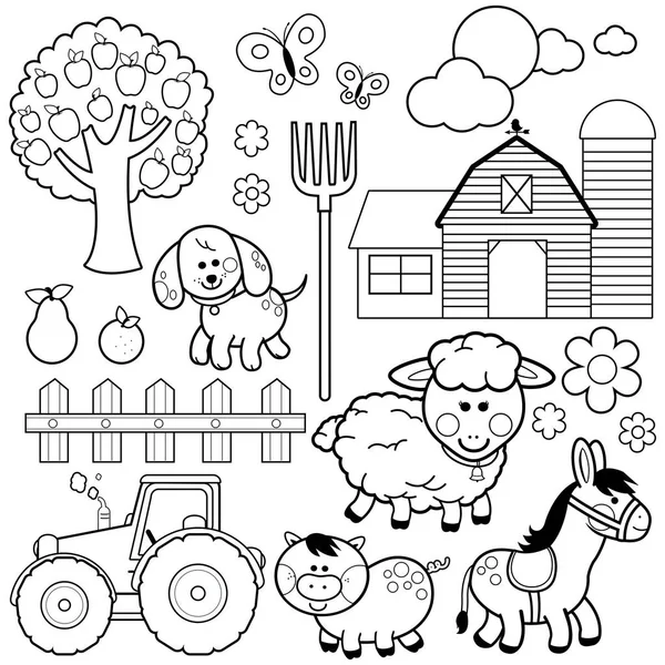 Sammlung von Vektorillustrationen für Nutztiere. Vektor schwarz-weiß Malseite — Stockvektor