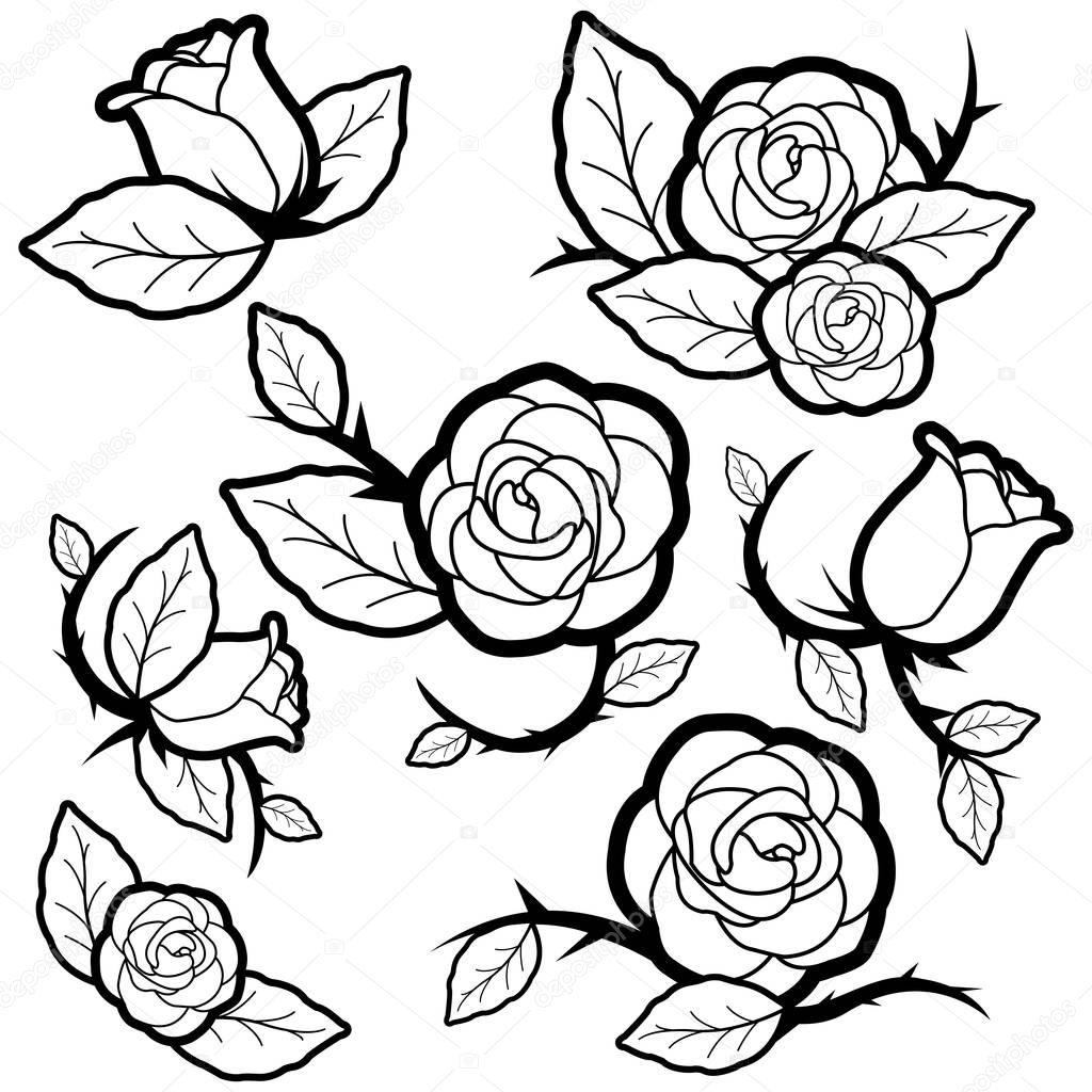 Tattoo style illustration of roses and buds. Vector black and white coloring page 