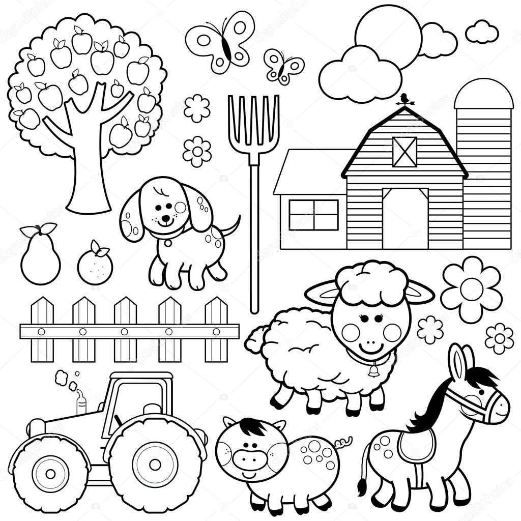 Farm animals vector illustration collection. Vector black and white coloring page 