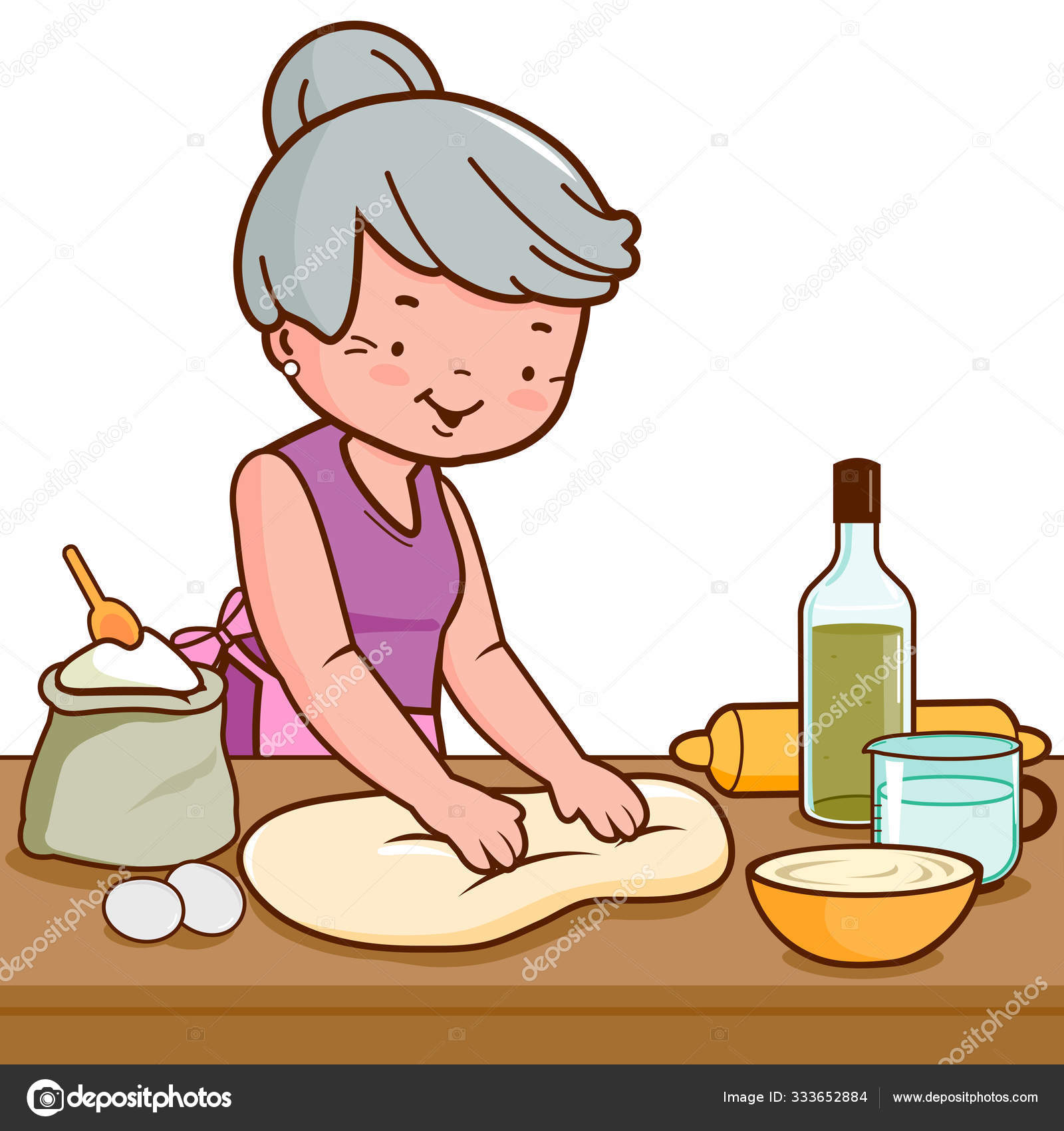 En gammel dame som kneler deig og baker brød på kjøkkenet sitt.  Vektorillustrasjon stockvektor © stockakia #333652884, image size:1600x1700