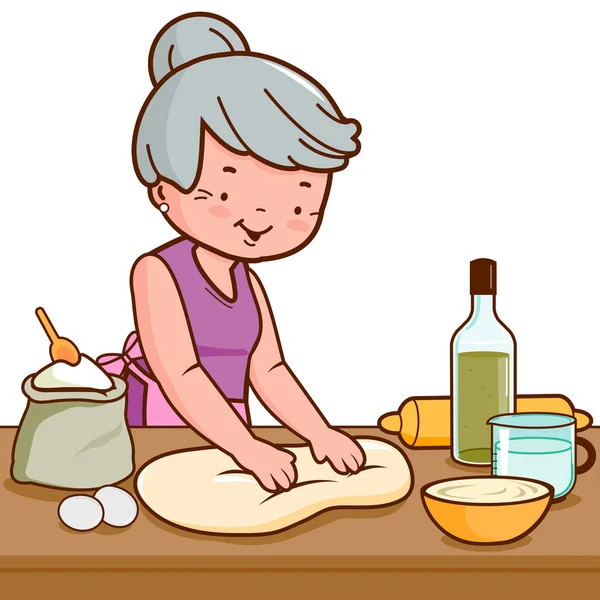 Old woman kneading dough and making bread in her kitchen. Vector illustration — Stock Vector