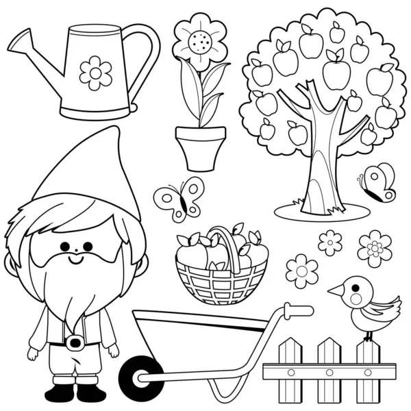 Colección de ilustración de jardín de primavera con gnomo de jardín. Vector blanco y negro para colorear página del libro — Vector de stock