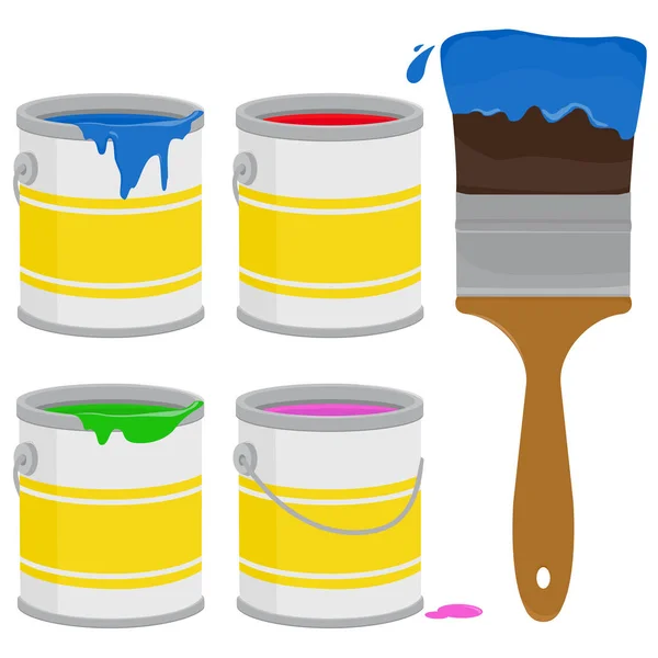 Materiales Pintura Latas Cubos Pintura Pincel Ilustración Vectorial — Vector de stock