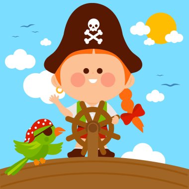 Direksiyon simidi olan korsan kız kaptan papağanıyla denizde yelken açıyor. Teknedeki sevimli çocuk korsan çizgi filmi. Vektör illüstrasyonu