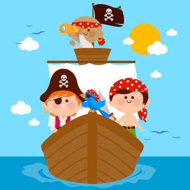 Okyanusta bir teknede papağan yelken açan mutlu kaptanlar. Korsan çocuklar denizde bir korsan gemisinde yelken açıyorlar. Çocuk korsan macerası. Vektör illüstrasyonu