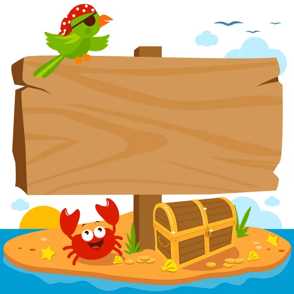 一个废弃的海盗岛上的木制路标 上面有宝箱 鹦鹉和螃蟹 矢量说明 — 图库矢量图片