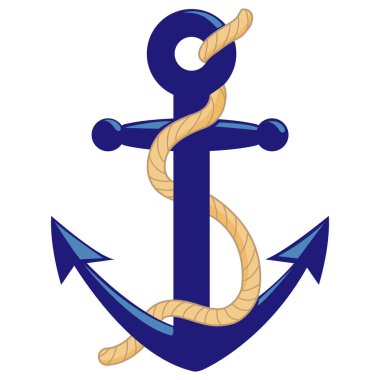 Beyaz arka planda ip olan deniz çapası. Çapa sembolü. Mavi tekne ya da gemi çapası. Vektör illüstrasyonu