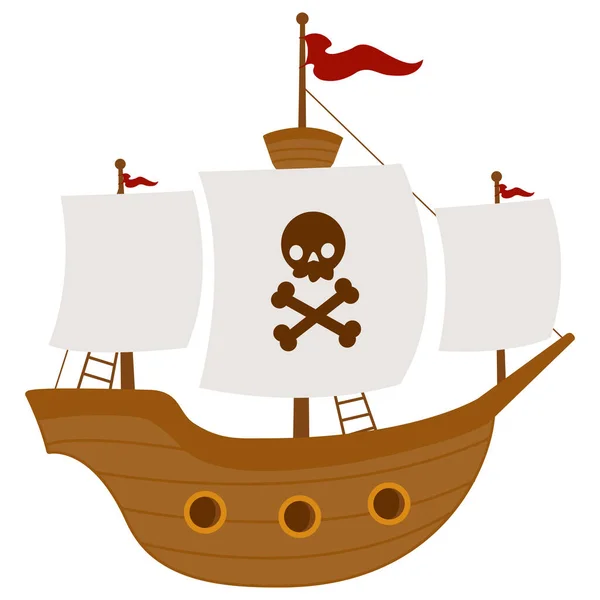 Navio Pirata Com Velas Brancas Scull Ossos Cruzados Fundo Branco — Vetor de Stock